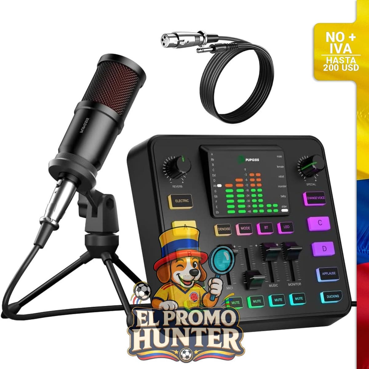 Kit de podcast que incluye un mezclador de audio y un micrófono dinámico, diseñado para streaming y gaming.