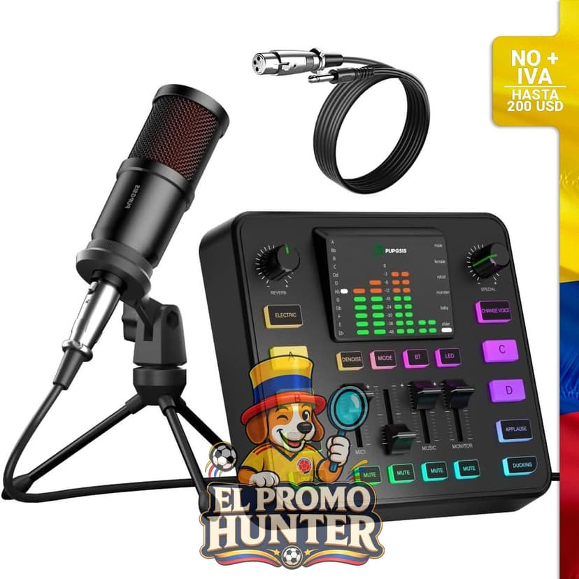 Kit de podcast que incluye un mezclador de audio y un micrófono dinámico, diseñado para streaming y gaming.