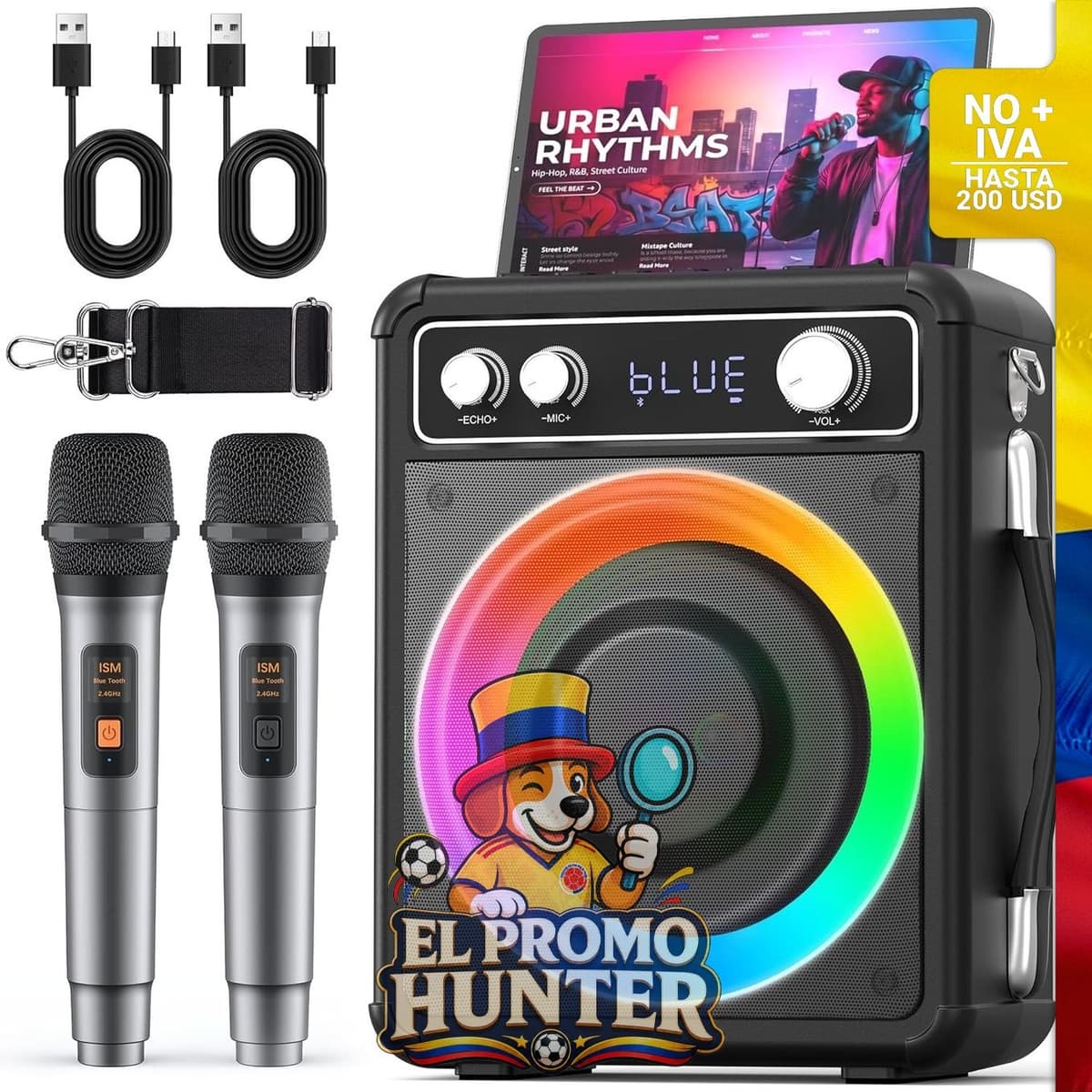 Máquina de karaoke portátil Bluetooth con 2 micrófonos inalámbricos, sistema PA, luces LED y ajuste de eco.