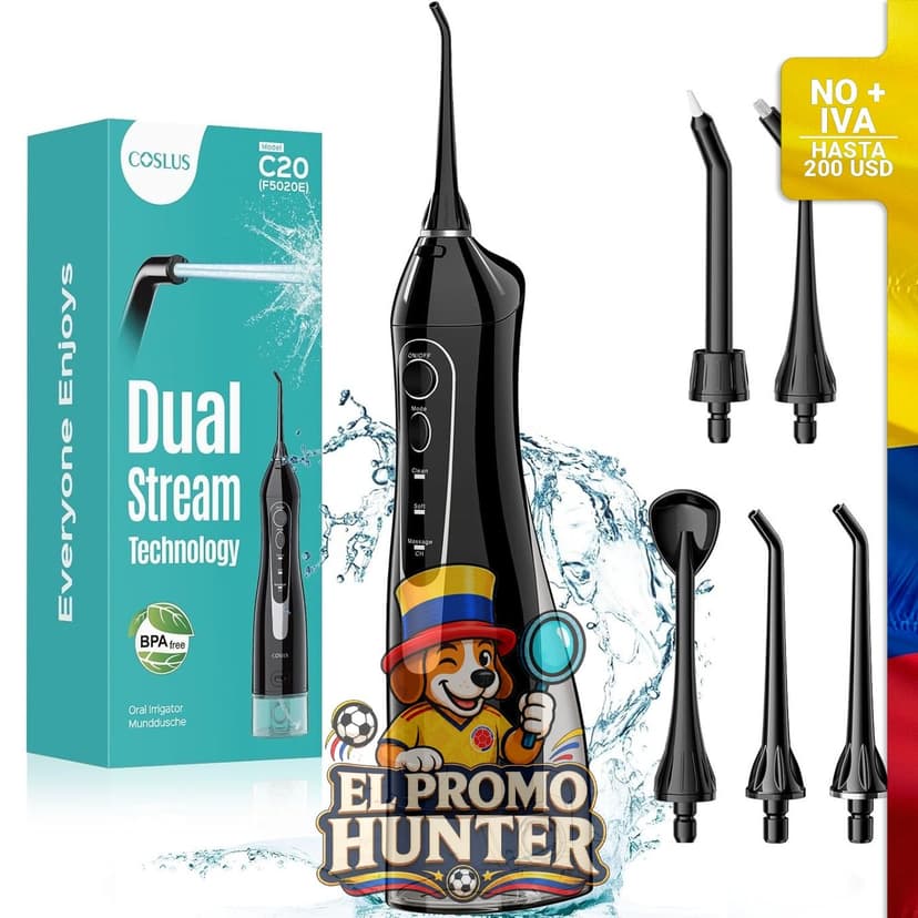 Irrigador oral portátil COSLUS, 300 ml, recargable, IPX7 impermeable.