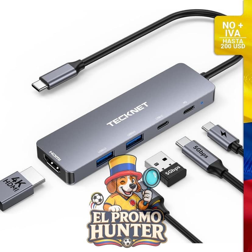 Adaptador TECKNET USB C Hub 5-en-1 con salida HDMI 4K@60Hz y puertos USB-C/USB-A 3.0.