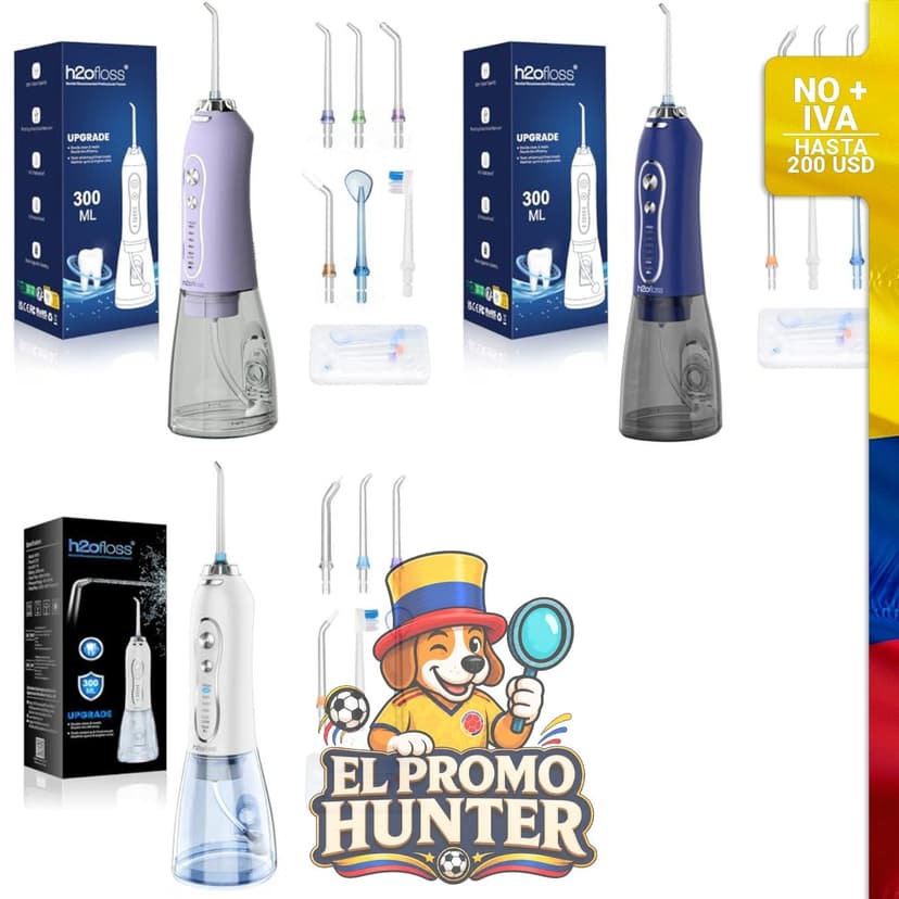 Irrigador dental portátil H2ofloss con 5 modos y 6 puntas de chorro, impermeable IPX7 y depósito desmontable de 300 ml.