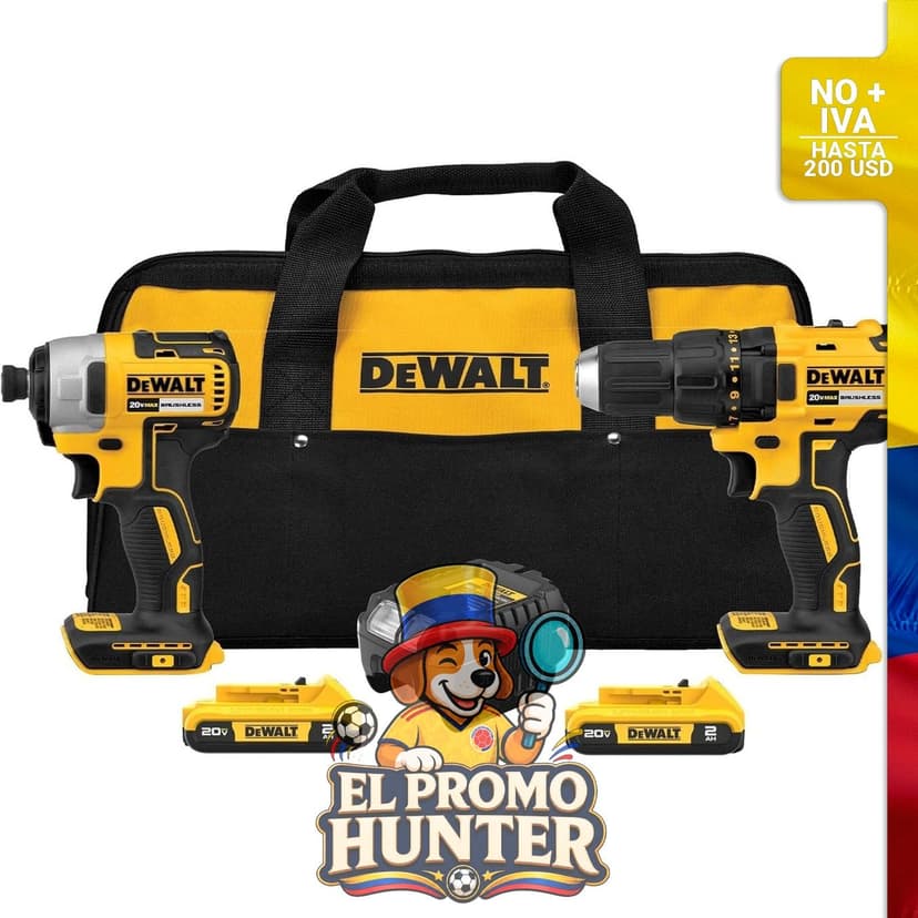 Taladro inalámbrico DEWALT de 20 V MAX y destornillador de impacto, incluye 2 baterías, cargador y bolsa.