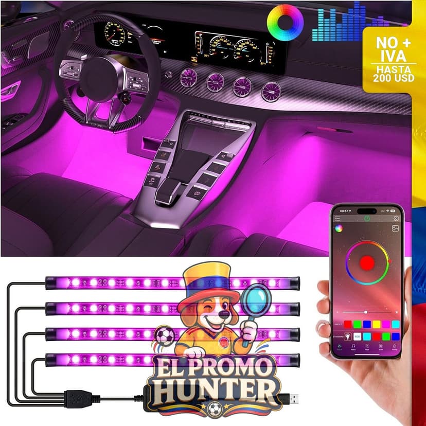 Luces LED interiores para automóvil con control de aplicación, sincronización de música y modo DIY.